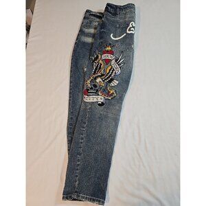 Ed Hardy Y2K Denim Jeans New York City Eagle Skull Patch Mens size‎ 38x28
